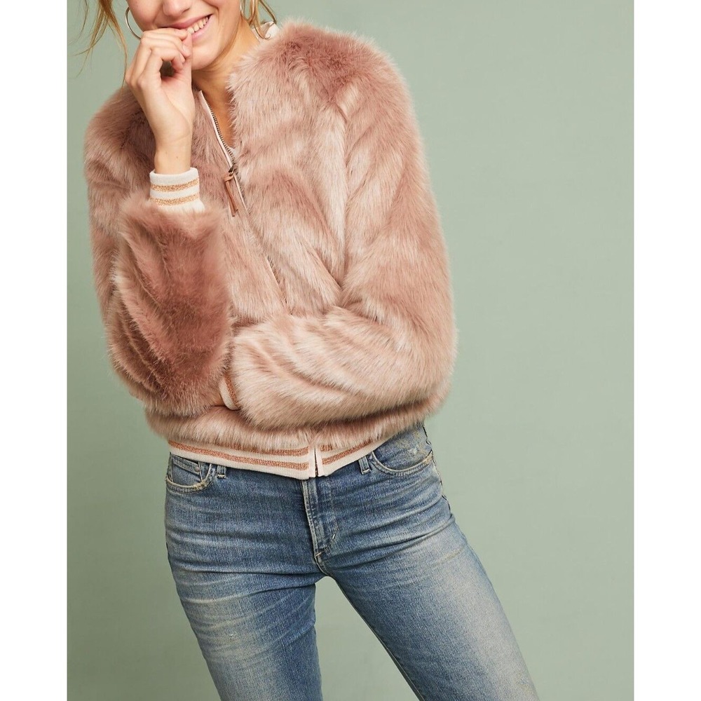 NWT MOTHER The Letterman Faux Fur Bomber Jacket Stroke of Fortune Blush M $375